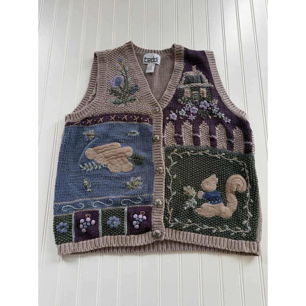 Vintage Teddi Womens L Sweater Vest Patchwork Squirrel Cottagecore 90s